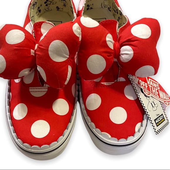 NWT Vans x Disney Minnie Mouse Red Polka Dot Puffy Bow Slip On Sneakers Size 9 - Picture 10 of 11